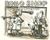 Cartoon: Roboshop (small) by GB tagged roboter,mensch,shop,achtung,missachtung,clochard,musiker,almosen,milde,gabe,knauser