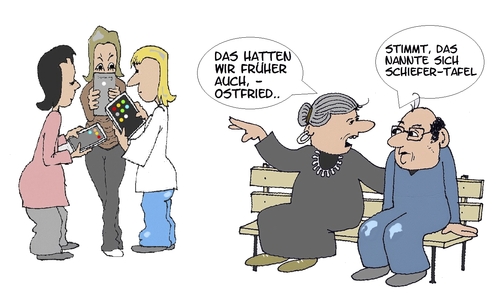 Cartoon: Smart-Schiefer-Tafel (medium) by Retlaw tagged smartphon,sucht,alte,staunen,zeichen,der,zeit