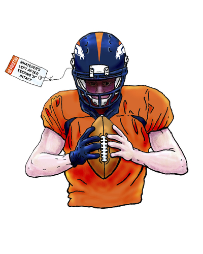 Cartoon: Bronco QB Pricetag (medium) by karlwimer tagged football,denver,broncos,american,pricetag,salary,team,quarterback,superbowl