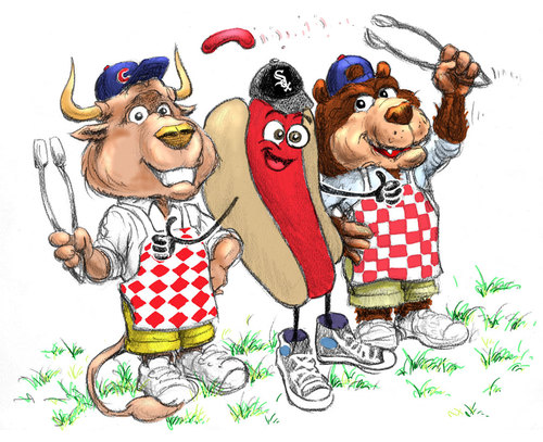 Cartoon: Bull and Bear BBQ (medium) by karlwimer tagged barbecue,bbq,street,wall,bear,bull
