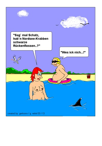Cartoon: Nordseekrabben (medium) by gert montana tagged nordseekrabben,zwiegespräch,strandgespräch,haiflosse,gertoons,schatzi
