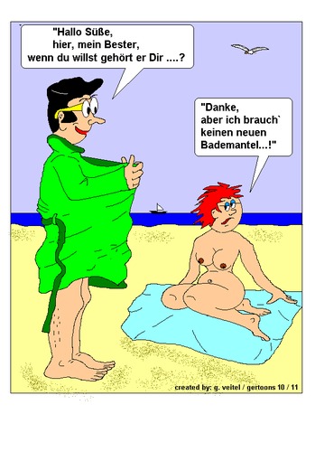 Cartoon: Strandleben (medium) by gert montana tagged strand,sylt,strandgespräch,strandbegegnung,nackt,gertoons,wasser,meer,norden,traumstrand,insel