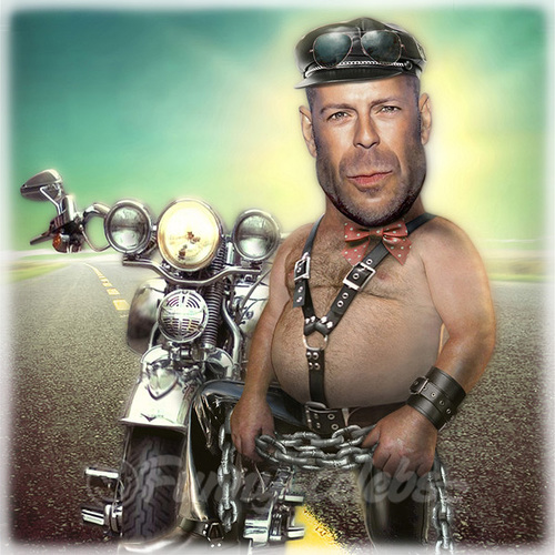 Cartoon: Bruce Willis (medium) by funny-celebs tagged bikers,motorcycle,planet,shepherd,cybill,moore,demi,fiction,pulp,armageddon,element,fifth,hard,die,blockbuster,movies,action,singer,actor,hollywood,willis,bruce,leather