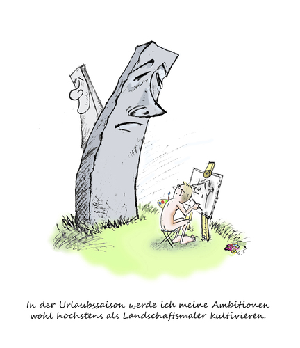 Cartoon: Männchenmaler auf Urlaub (medium) by Simpleton tagged cartoonist,landschaftsmaler,landschaftsmalerei,osterinsel,sommer,urlaub,nudismus,fkk