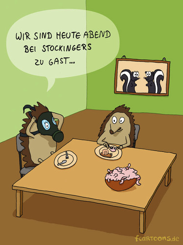 Cartoon: bei Freunden II (medium) by Frank Zimmermann tagged igel,essen,bild,gasmaske,tisch,schnecken
