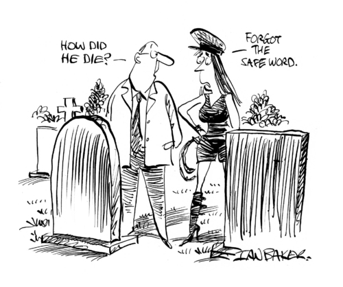 Cartoon: Safeword (medium) by Ian Baker tagged couple,funeral,burial,dead,death,and,kinky,masochism,sado,dominatrix,safe,word,safeword,fetish,leather,graveyard,ian,baker,gag,cartoon