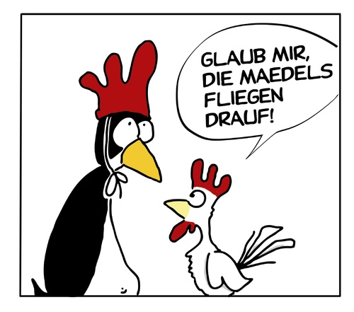 Cartoon: mädelsfliegendrauf (medium) by Mergel tagged pinguin,hahn,anmache,liebe