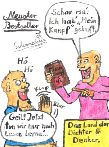 Cartoon: Bestseller - Mein Kampf (medium) by Schimmelpelz-pilz tagged mein,kampf,adolf,hitler,führer,nazi,nazis,neonazis,analphabet,leseschwäche,hirnlos,dumm,rechts,rechte,rechtsradikal,hakenkreuz,land,der,dichter,und,denker,zurückgeblieben,bestseller,buch,autor,propaganda,hasspredigt,hass,fremdenhass,ausländerfeindlichkeit