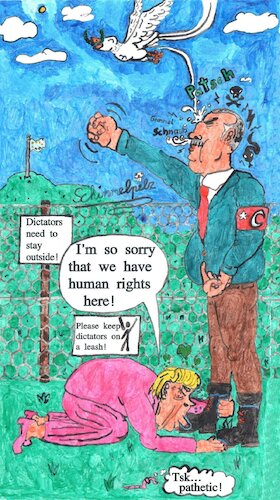 Cartoon: Democracy For Sale (medium) by Schimmelpelz-pilz tagged worm,democracy,turkey,erdogan,politic,politician,angelika,merkel,germany,tyrant,fascist,fascism,white,pidgeon,of,peace,kissing,ass,refugee,refugees,border,europe,eu,fence