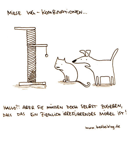 Cartoon: Irreführendes Möbel. (medium) by puvo tagged hund,katze,dog,cat,wg,flat,share,kratzbaum,scratching,tree