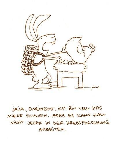 Cartoon: Mieses Schwein. (medium) by puvo tagged ostern,easter,hase,bunny,schwein,pig,research,huhn,chicken,ei,egg,nest,krebsforschung,job,cancer