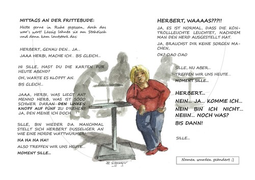 Cartoon: Ja Herbert? (medium) by Jori Niggemeyer tagged joricartoon,niggemeyer,genervt,kommunikation,headset,mittag,pommes,stehtisch,mann,telefon,frau,cartoon