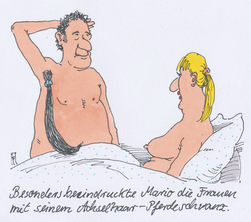 Cartoon: schwanz (medium) by Andreas Prüstel tagged achselhaar,körperbehaarung,achselhaarpferdeschwanz,mario,paar,amm,frau,beeindruckung,cartoon,karikatur,andreas,pruestel