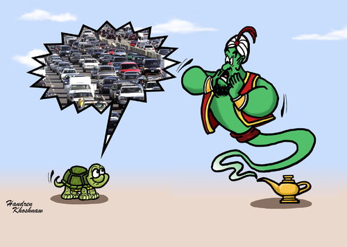 Cartoon: even the genie canot solve it (medium) by handren khoshnaw tagged traffic,genie,handren,khoshnaw,cartoon