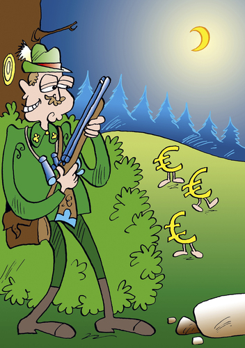 Cartoon: Jagdinstinkt (medium) by astaltoons tagged geldanlage,börse,euro,jäger,wald,gewehr,mond,baum,busch
