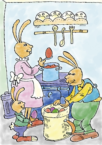 Cartoon: Osterhse (medium) by astaltoons tagged ostern,osterhase,hasenfamilie,ostereier,eier,farben,küche,familie