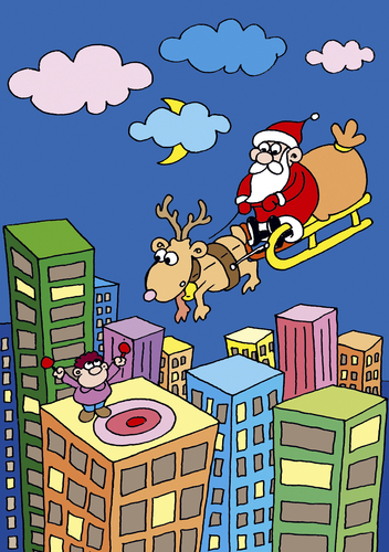 Cartoon: Weihnachten (medium) by astaltoons tagged weihnachten,weihnachtsmann,grosstadt,schlitten,geschenke,sack,rentier,hochhäuser