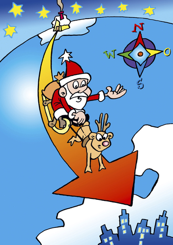 Cartoon: Weihnachten (medium) by astaltoons tagged weihnachten,weihnachtsmann,rentier,schlitten,grossstadt,weg