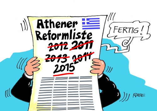 Cartoon: Athener Reformprogramm (medium) by RABE tagged griechenland,athen,austritt,eurozone,linksbündnis,rabe,ralf,böhme,cartoon,karikatur,pressezeichnung,farbcartoon,tagescartoon,syriza,tsipras,ezb,brüssel,schuldenschnitt,reformen,reformprogramm,reformenliste,varoufakis,währungsunion,kredit,verlängerung,griechenland,athen,austritt,eurozone,linksbündnis,rabe,ralf,böhme,cartoon,karikatur,pressezeichnung,farbcartoon,tagescartoon,syriza,tsipras,ezb,brüssel,schuldenschnitt,reformen,reformprogramm,reformenliste,varoufakis,währungsunion,kredit,verlängerung
