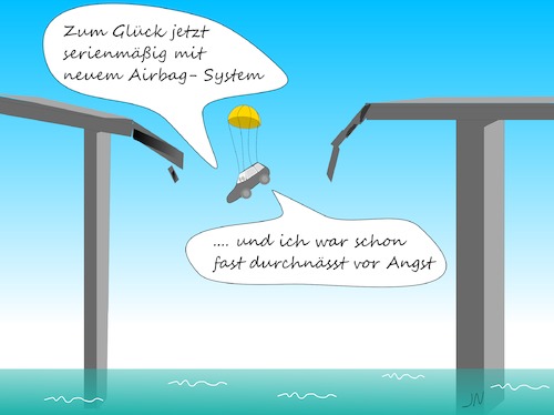 Cartoon: Brückeneinsturz (medium) by Jochen N tagged brücke,genua,einsturz,absturz,fallschirm,airbag,marode,untergang,fallen,nass,durchnässt