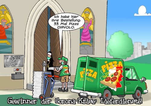 Cartoon: Krisengewinner (medium) by Chris Berger tagged pizza,pizzeria,lieferdienst,kloster,diavolo,pandemie,corona,covid,lieferando,pizza,pizzeria,lieferdienst,kloster,diavolo,pandemie,corona,covid,lieferando