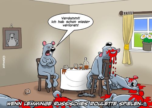 Cartoon: Lemminge (medium) by Chris Berger tagged lemminge,russisches,roulette,verlierer,tod,lemminge,russisches,roulette,verlierer,tod