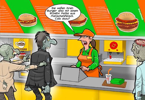 Cartoon: Neulich beim Mac (medium) by Chris Berger tagged zombies,zombi,mac,donalds,burger,cola,menschenfleisch,happy,meal,zombies,zombi,mac,donalds,burger,cola,menschenfleisch,happy,meal