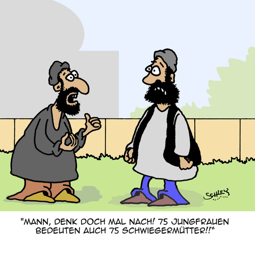 Cartoon: Denk mal nach!! (medium) by Karsten Schley tagged religion,terror,islam,muslime,glauben,männer,frauen,mythen,jungfrauen,isis,religion,terror,islam,muslime,glauben,männer,frauen,mythen,jungfrauen,isis