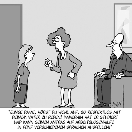 Cartoon: RESPEKT!! (medium) by Karsten Schley tagged eltern,kinder,jugend,jugendliche,arbeit,arbeitslosigkeit,universitätsabschluß,bildung,universitäten,eltern,kinder,jugend,jugendliche,arbeit,arbeitslosigkeit,universitätsabschluß,bildung,universitäten