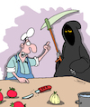 Cartoon: Ersatz (small) by Karsten Schley tagged kochen,köche,werkzeug,messer,gemüse,ersatz,sense,sensenmann,leben,tod,hilfe,jobs,business