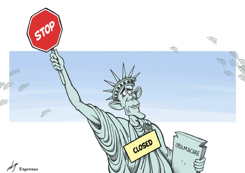 Cartoon: Defaultcracy (medium) by rodrigo tagged us,usa,economy,barack,obama,liberty,default,shutdown,debt,ceiling,obamacare
