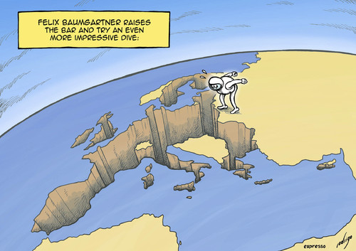 Cartoon: EU financial dive (medium) by rodrigo tagged felix,baumgartner,skydive,record,european,union,financial,crisis,eu