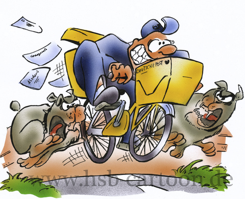 Cartoon: postman (medium) by HSB-Cartoon tagged postman,postbote,fahhrad,bike,bicycle,dog,dogs,letter,post,brief,hund,hunde,kampfhund,pedelec,hundebiss,cartoon,airbrush,postman,postbote,fahhrad,bike,bicycle,dog,dogs,letter,post,brief,hund,hunde,kampfhund,pedelec,hundebiss,cartoon,airbrush