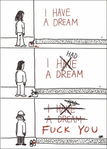 Cartoon: Evolution of a dream (medium) by Jani The Rock tagged dream,optimism,pessimism,aging,nihilism,time,fuckyou