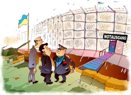 Cartoon: Notausgang (medium) by medwed1 tagged ukraine,mauer,poroschenko,zaun