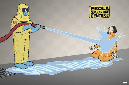 Cartoon: Ebola Versus Human Rights (medium) by Tjeerd Royaards tagged virus,quarantine,usa,america,civil,rights,ebola,death,illness,spread,containment,virus,quarantine,usa,america,civil,rights,ebola,death,illness,spread,containment