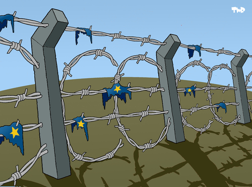 Cartoon: Fortress Europe (medium) by Tjeerd Royaards tagged eu,europe,european,union,immigration,euro,illegal,aliens,border,fence,eu,europa,un,illegal,grenze,fort