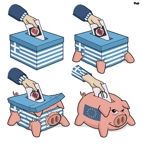 Cartoon: Modern Greek Democracy (medium) by Tjeerd Royaards tagged greece,eu,europe,austerity,elections,tsipras,money,euro,debt,vote,greece,eu,europe,austerity,elections,tsipras,money,euro,debt,vote
