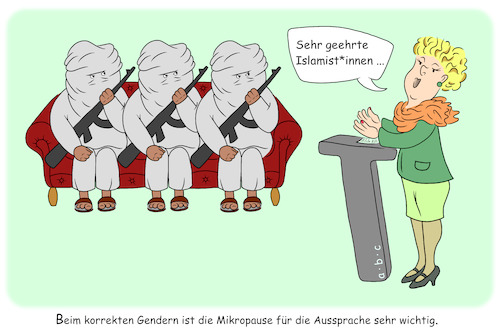 Cartoon: Richtiges Gendern (medium) by a-b-c tagged politik,taliban,islamist,gendern,reden,politiker,abc,politik,taliban,islamist,gendern,reden,politiker