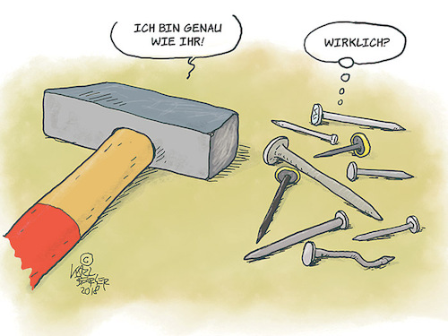 Cartoon: Gleichheit? (medium) by Karl Berger tagged hierarchie,gleichheit,werkzeug,täuschung,hammer,nagel