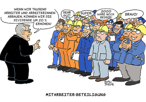 Cartoon: Mitarbeiter-Beteiligung (medium) by Karl Berger tagged mitarbeiterbeteiligung,kapital,lohnabhängige,komplizenschaft,interessenskonflikt
