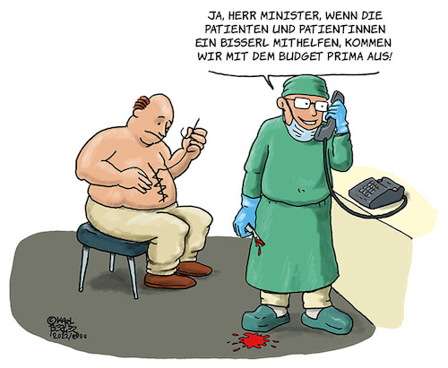 Cartoon: Mithelfen (medium) by Karl Berger tagged operation,gesundheitswesen,einsparungen,selbstbehalt,ärzte,patient,spital