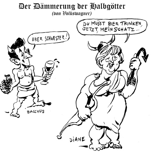 Cartoon: Der Dämmerung der Halbgötter (medium) by Zombi tagged angela,merkel,nicolas,sarkozy,diane,bacchus,europe,europa,mythology,der