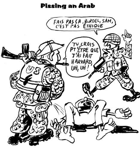 Cartoon: Pissing an Arab (medium) by Zombi tagged ethics,usa,pissing,an,arab,democracy,us,marines