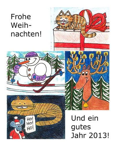 Cartoon: Weihnachtskarte (medium) by Pascal Kirchmair tagged schneemann,langlaufen,snowman,bonhomme,de,neige,cat,chat,minou,minet,katze,weihnachtsmann,geschenk,cadeau,present,reindeer,elk,rentier,rudi,rudolf,rudolph,2012,weihnachtskarte,card,carte,voeux,merry,xmas,christmas,weihnachten,joyeux,noel,santa,claus,pere