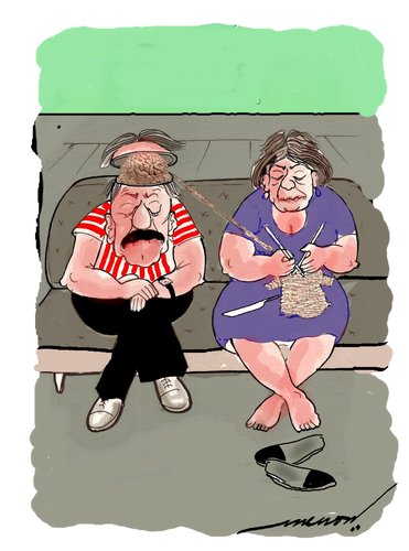 Cartoon: chivalrous hubby (medium) by kar2nist tagged chivalry,brain,knitting,wife
