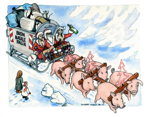 Cartoon: Buon Natale Italia (medium) by Niessen tagged snow,christmas,trash,garbage,pigs,white,happy
