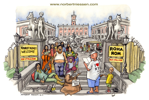Cartoon: Roma Rom (medium) by Niessen tagged capitol,rome,capital,square,gypsies,nomads,tourist,american,robber,steal