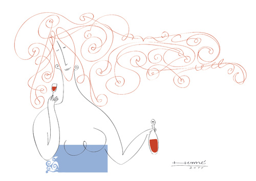 Cartoon: Red wine and the woman in blue d (medium) by Herme tagged wine,bar,pub,drink