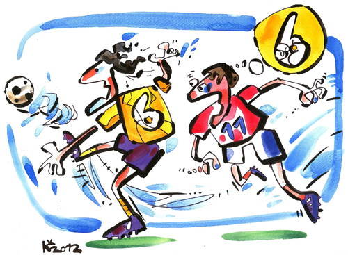 Cartoon: MOMENT BY FOULS (medium) by Kestutis tagged sport,number,six,numerology,fussball,euro,2012,fußball,soccer,football,fouls,ball,shirt